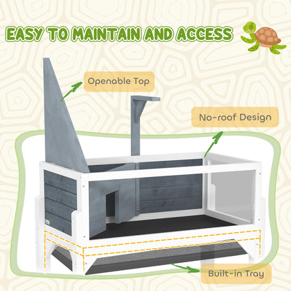 Wooden Tortoise House with Storage Shelf, Clear Observation Windows, Lamp Holder, Openable Top, Built-in Tray, Grey