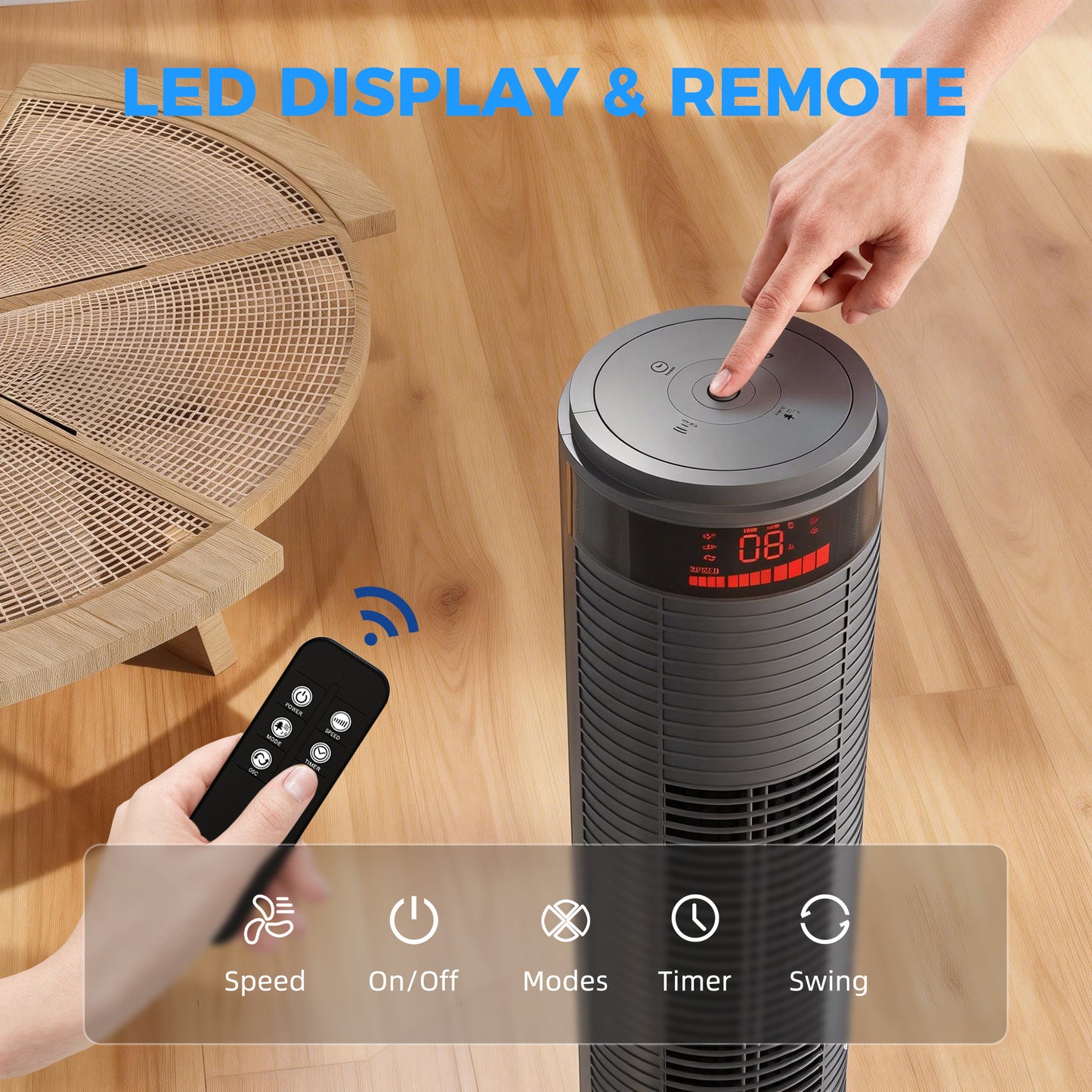 Oscillating Tower Fan Remote Control 3 Speed Modes Cooling Machine, Grey