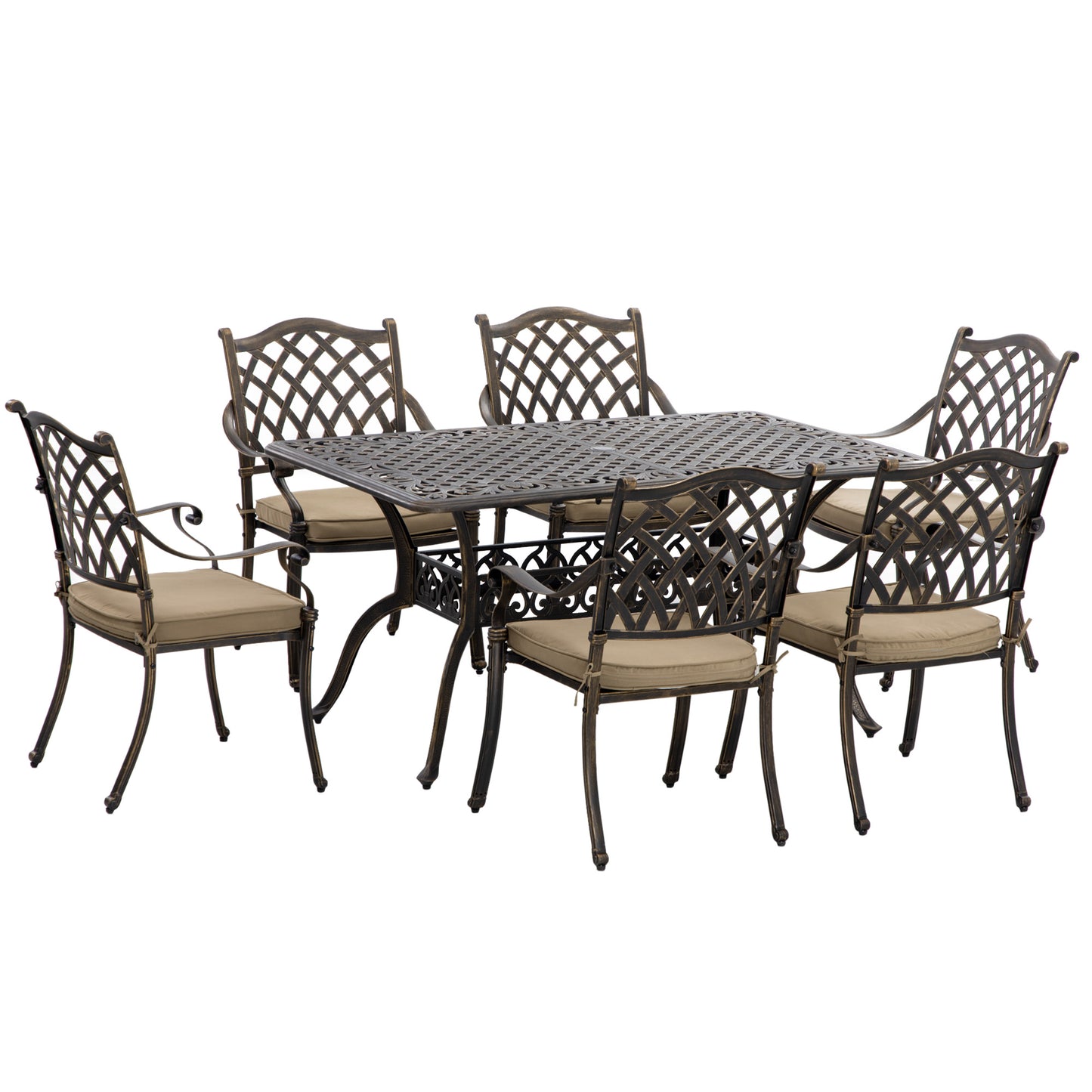 7 PCs Garden Patio Dining Set with Parasol Hole, Cast Aluminium Outdoor Furniture Set with Six Cushioned Chairs and Rectangle