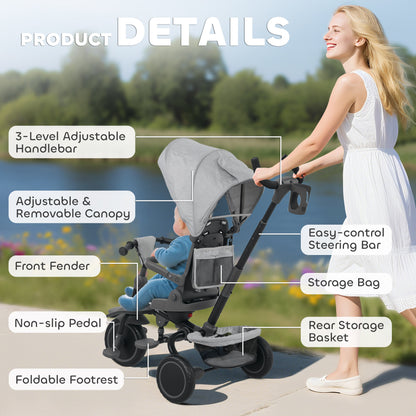 6 in 1 Foldable Kids Trike with Adjustable Parent Handle & Canopy for Ages 1-5, Grey