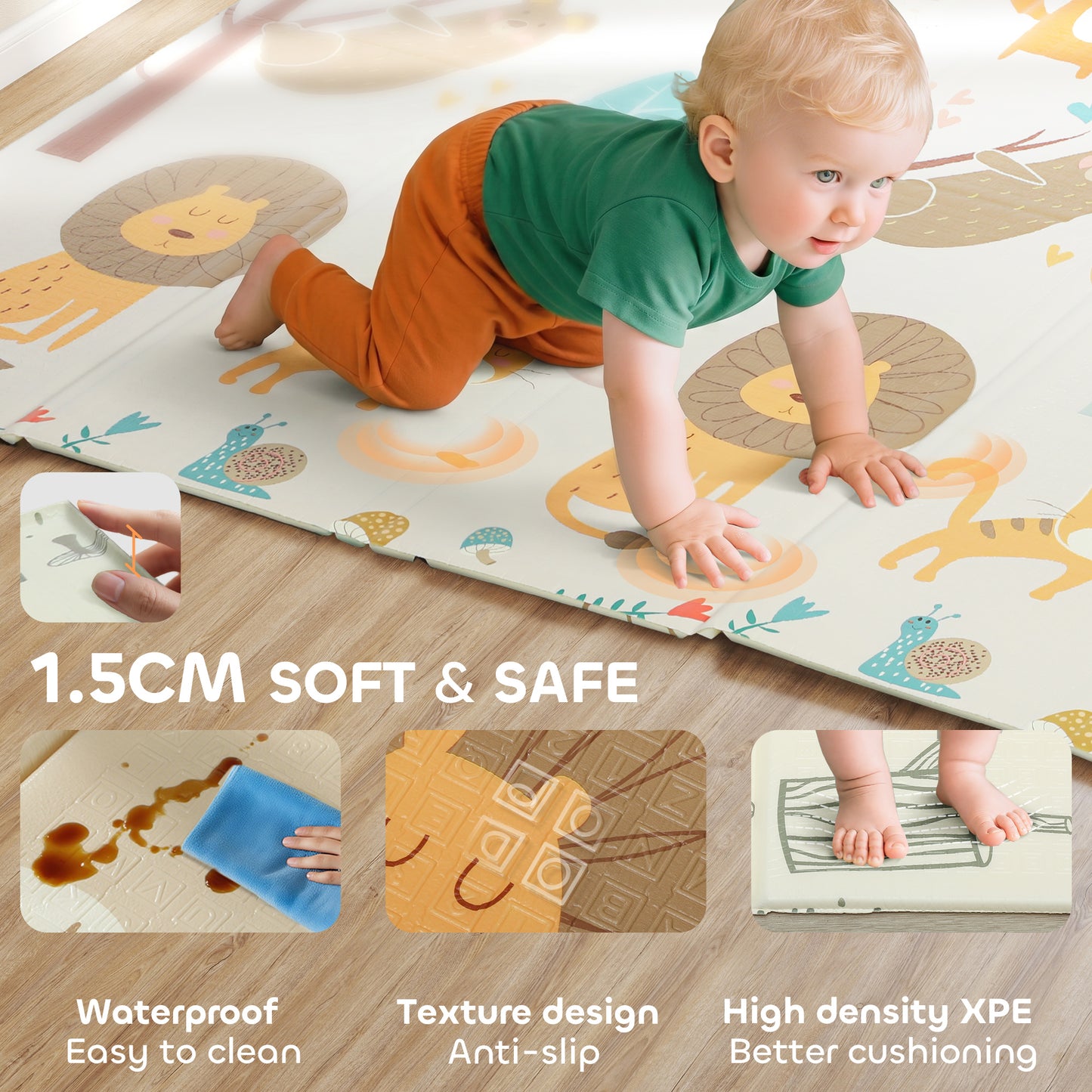Baby Play Mat, Double Sideded Foldable Kids Crawling Mat, Reversible & Waterproof, Animal