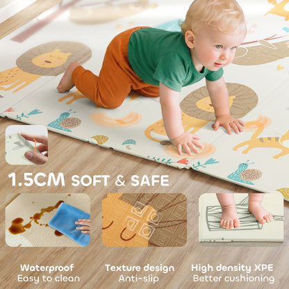 Baby Play Mat, Double Sideded Foldable Kids Crawling Mat, Reversible & Waterproof, Animal