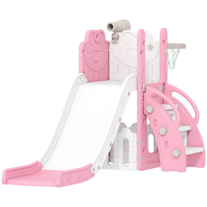5 in 1 Kids Slide Set with Basketball Hoop, Climbing Frame, Telescope, Storage Box for Toddlers Ages 1-3, Pink