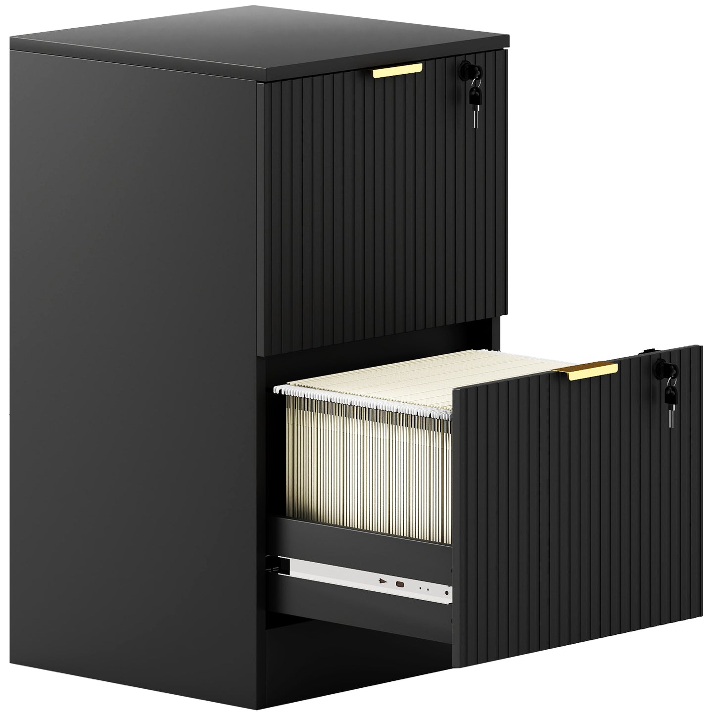 Filing Cabinet, Fluted Vertical File Cabinet with 2 Lockable Drawers and Hanging Rails, Black
