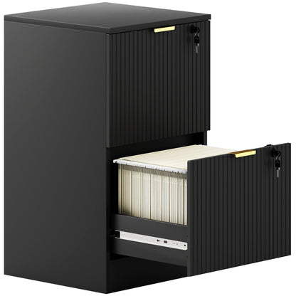 Filing Cabinet, Fluted Vertical File Cabinet with 2 Lockable Drawers and Hanging Rails, Black