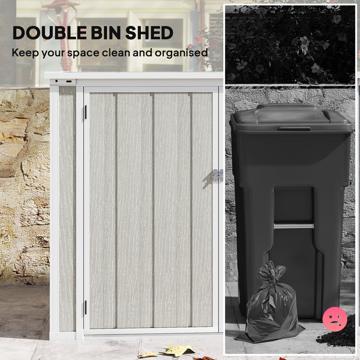 4.7 x 2.5FT Garden Shed, Double Bin Storage Shed with Lockable Doors, Outdoor Small Shed