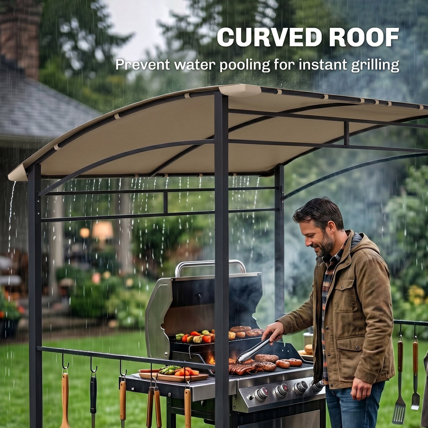 2.2 x 1.5 m BBQ Grill Gazebo Tent, Garden Grill with Metal Frame, Curved Canopy and 10 Hooks, Outdoor Sun Shade, Khaki