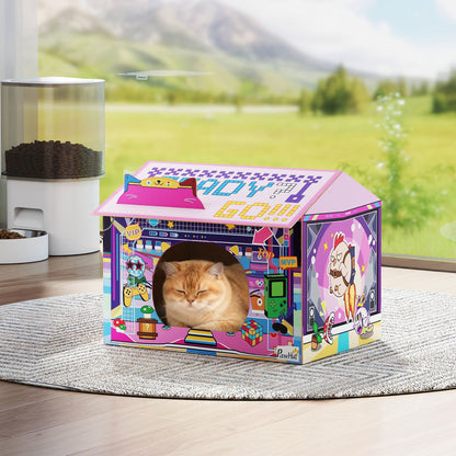 2 in 1 Gaming Style Cardboard Cat House with Scratching Board & Catnip for Indoor Cats, Pink