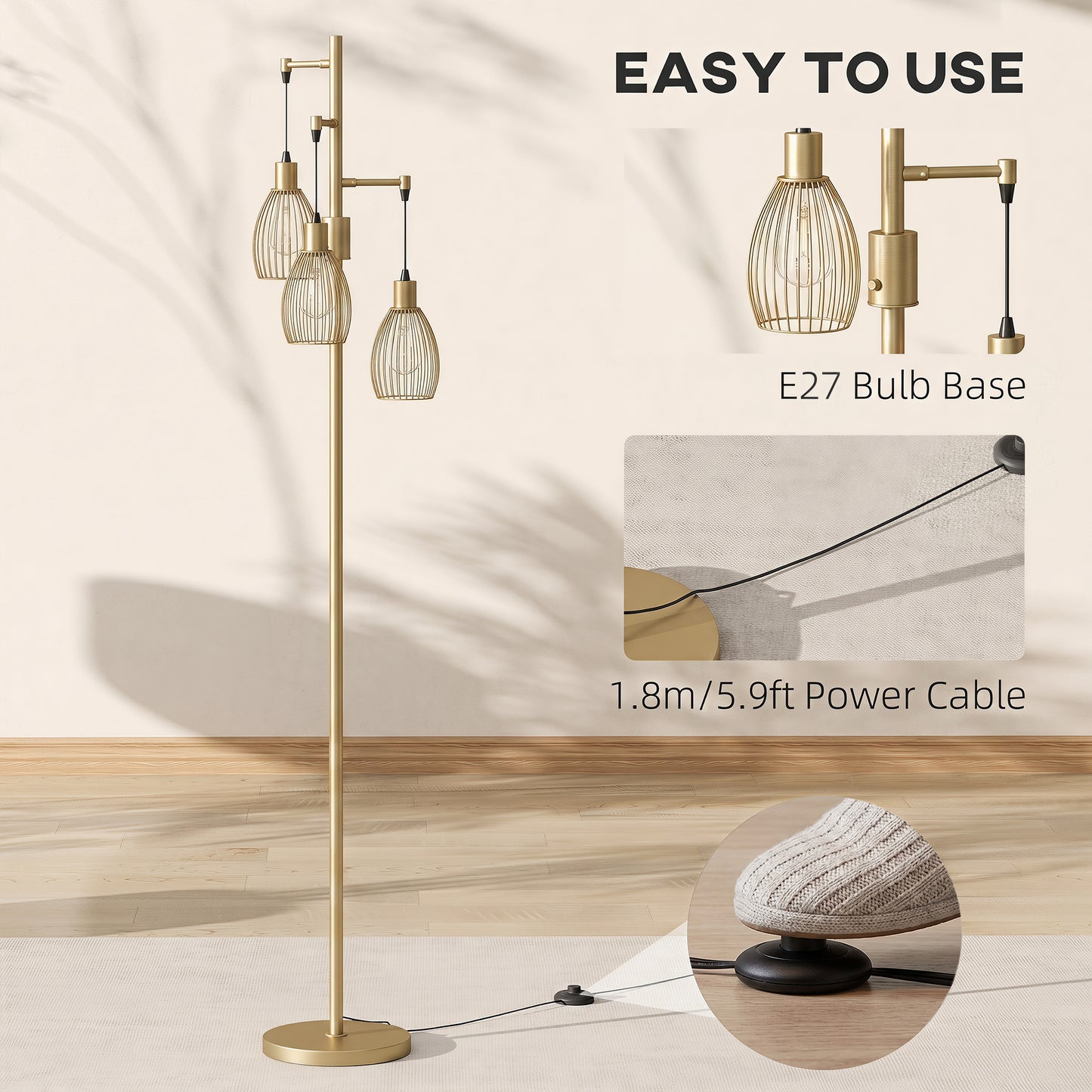 170.5cm Industrial Dimmable Standing Lamp, 3-Light Floor Lamp with Steel Wire Cage Lampshades, Gold Tone