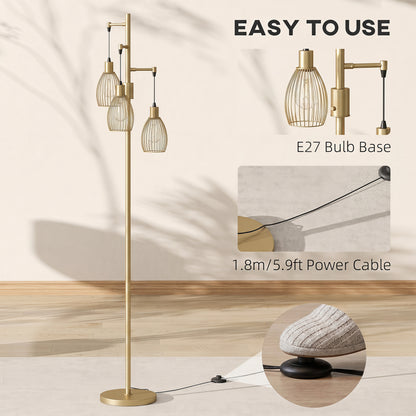 170.5cm Industrial Dimmable Standing Lamp, 3-Light Floor Lamp with Steel Wire Cage Lampshades, Gold Tone