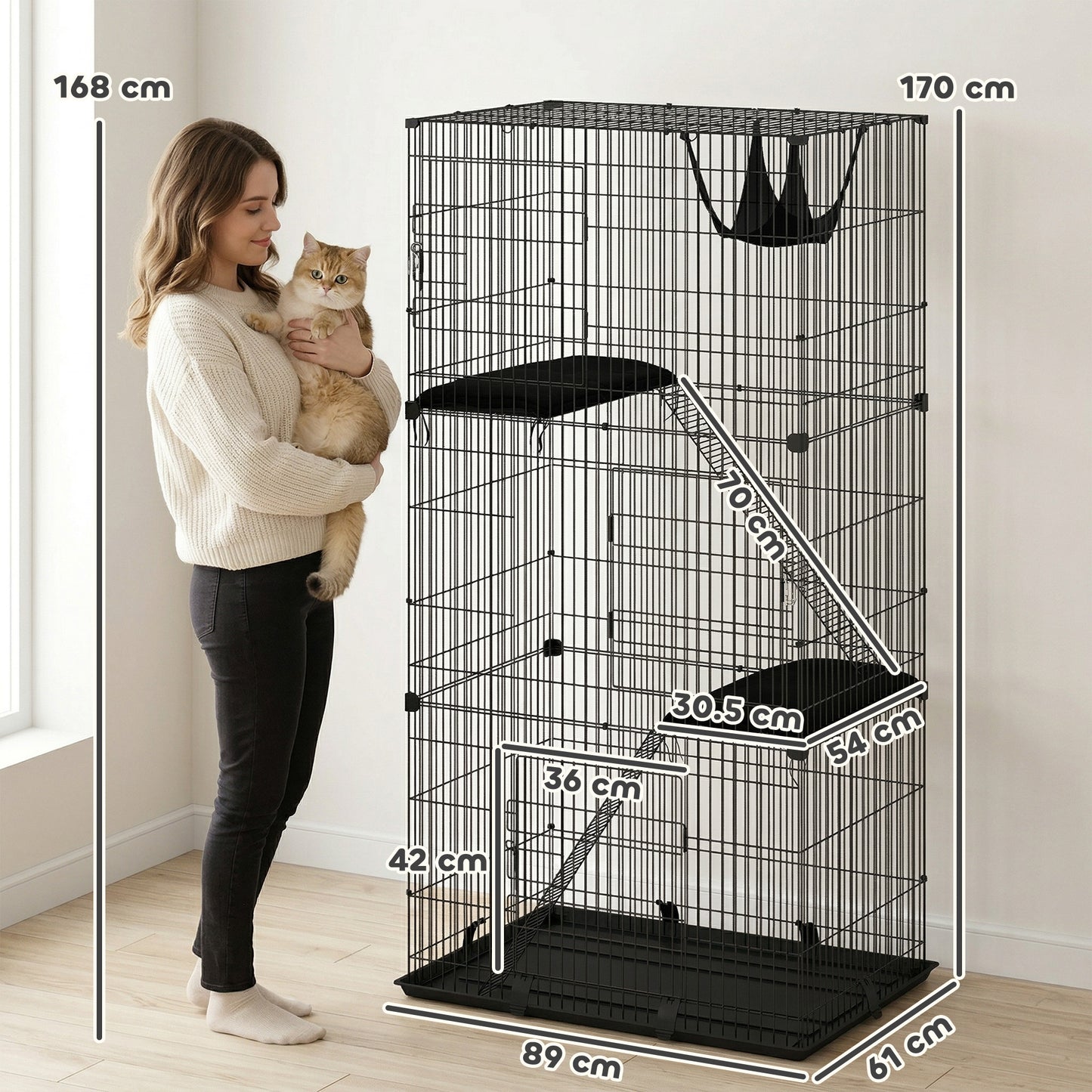 3-Tier Large Cat Cage Indoor, Detachable Metal Wire Kennel with Hammock, Platforms, Tray and Cushions for 1-2 Kittens