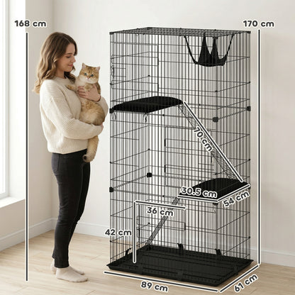 3-Tier Large Cat Cage Indoor, Detachable Metal Wire Kennel with Hammock, Platforms, Tray and Cushions for 1-2 Kittens