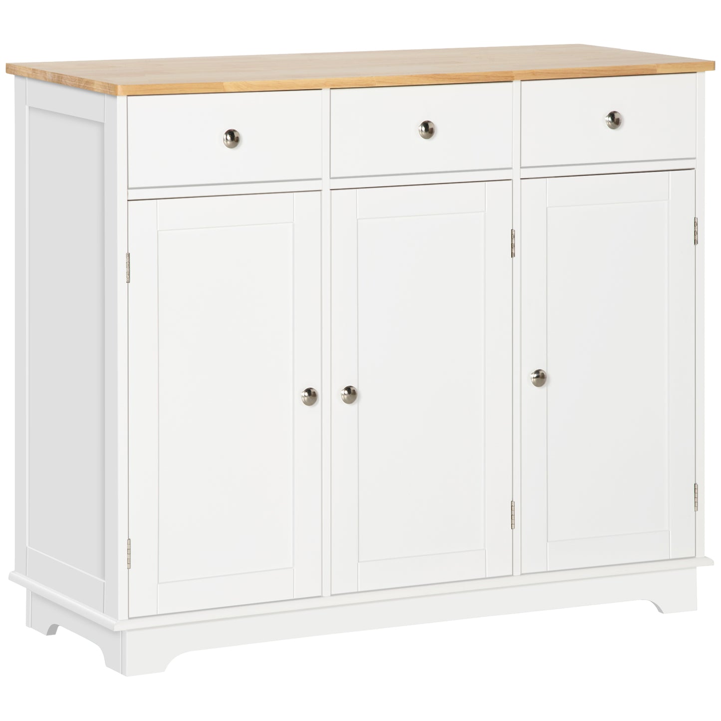 Sideboard with Rubber Wood Top, Modern Storage Cabinet with 3 Adjustable Shelves, White