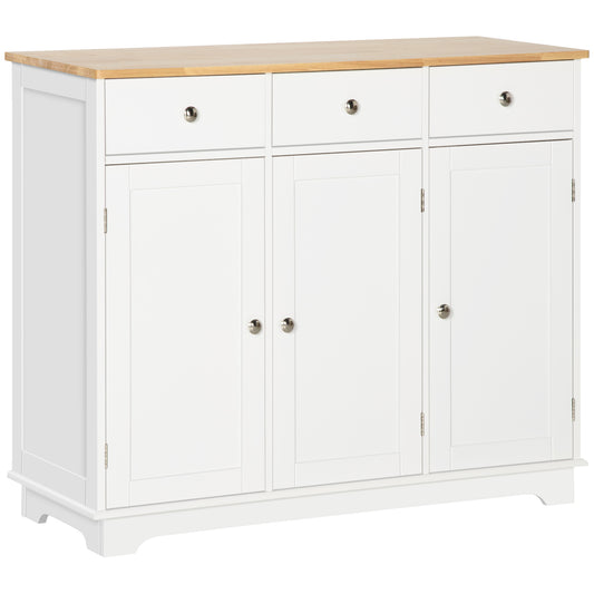 Sideboard with Rubber Wood Top, Modern Storage Cabinet with 3 Adjustable Shelves, White