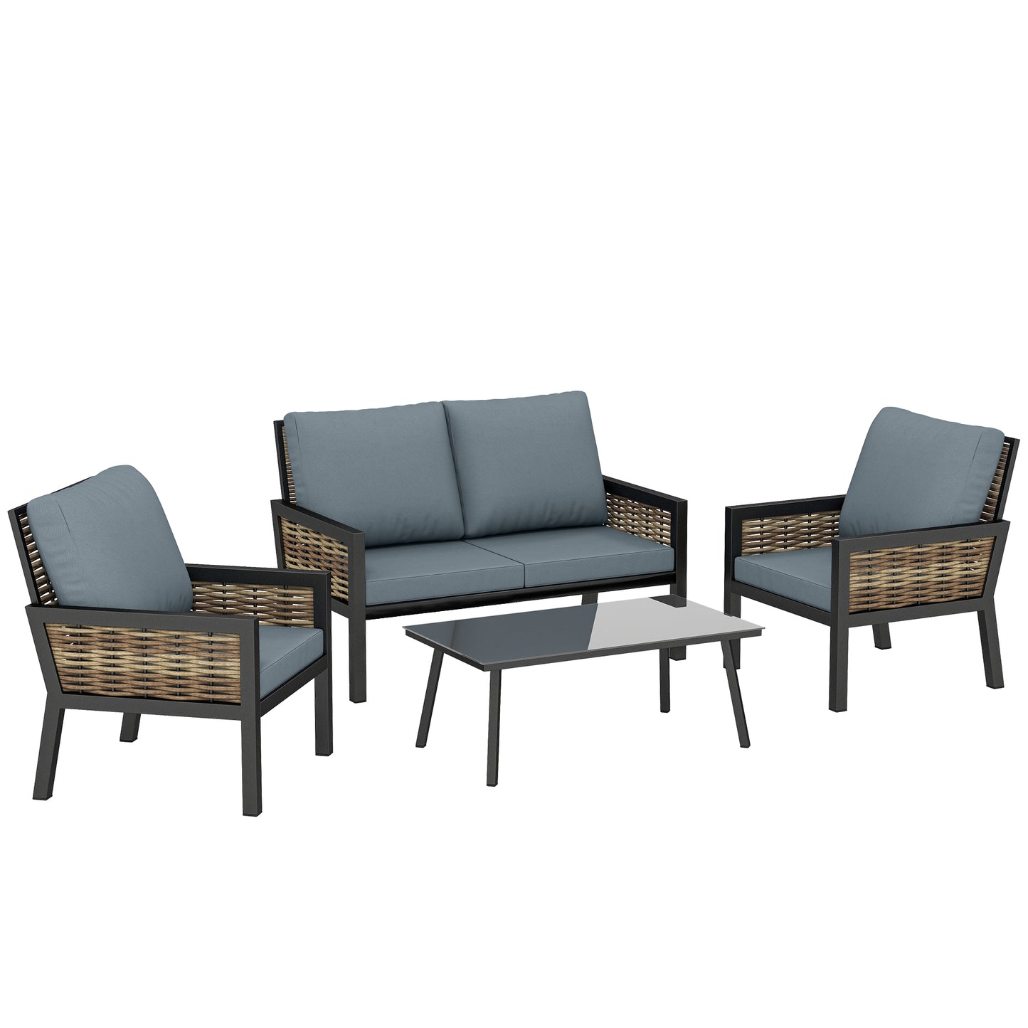 4 Seater Rattan Garden Furniture Set with 2 Armchairs, Loveseat, Coffee Table, Garden Sofa Set with Cushions, Grey