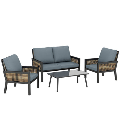 4 Seater Rattan Garden Furniture Set with 2 Armchairs, Loveseat, Coffee Table, Garden Sofa Set with Cushions, Grey
