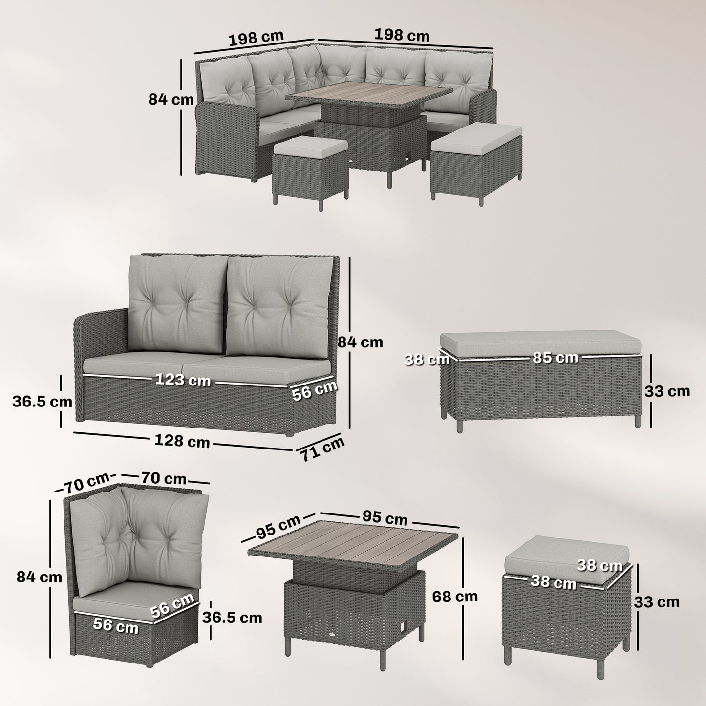 6 Pieces Outdoor PE Rattan Garden Furniture, Patio Wicker Sectional Conversation Corner Sofa