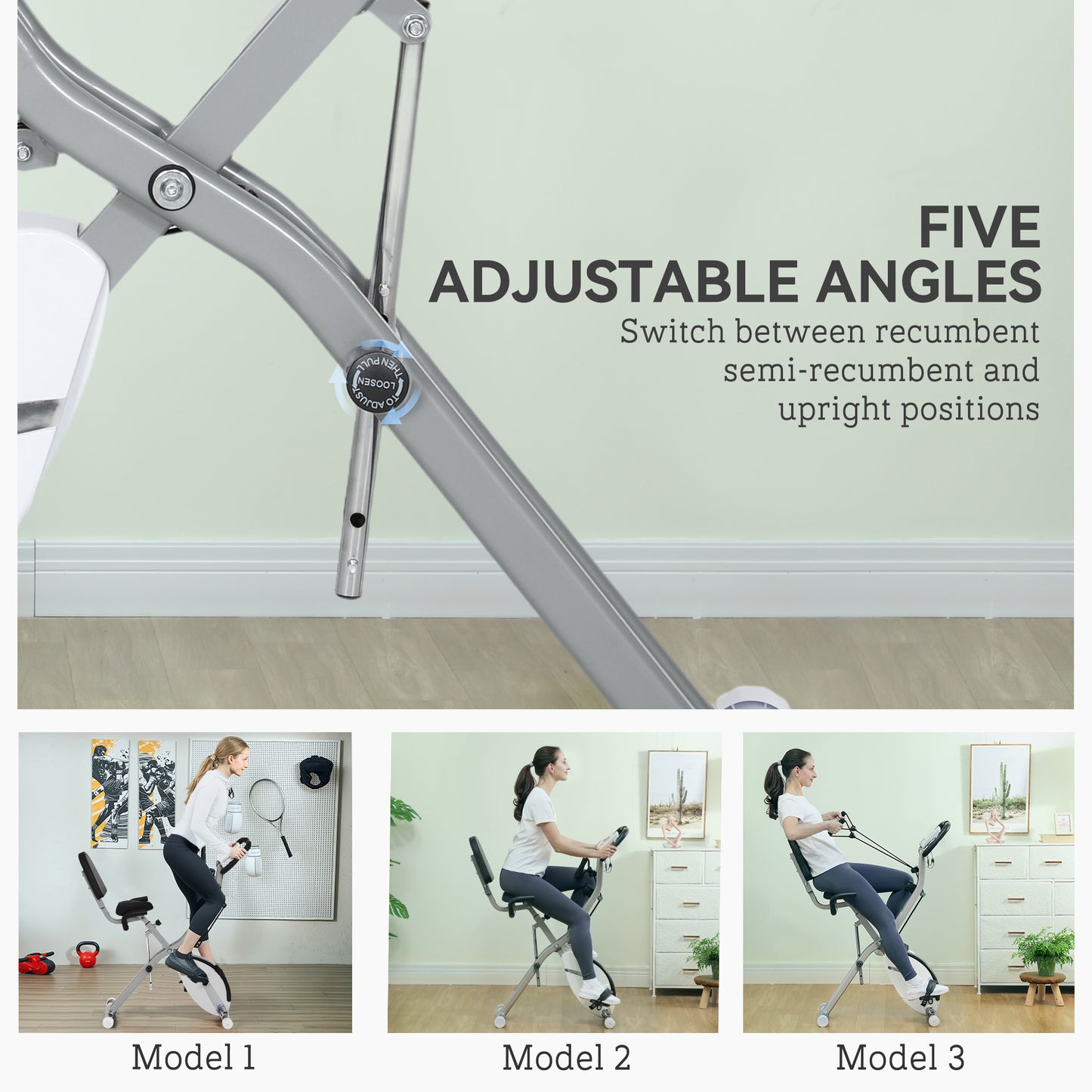 Five-in-one Foldable Exercise Bike, Stationary Bike with Arm Workout Bands, LDC Monitor, Phone Holder, White