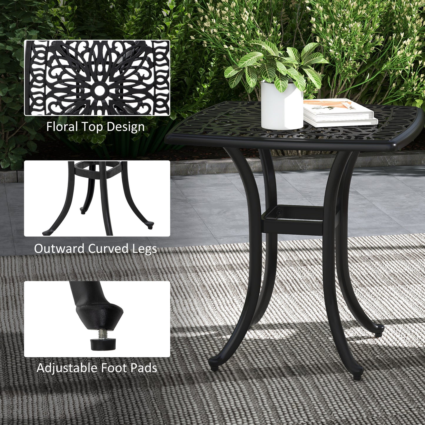 Cast Aluminium Bistro Table, Outdoor Square Side Table with Umbrella Hole, Garden Table for Balcony, Black