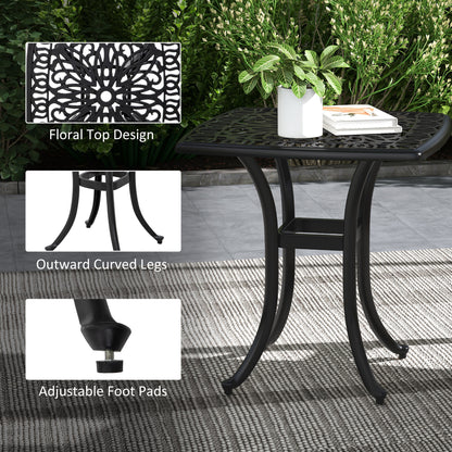 Cast Aluminium Bistro Table, Outdoor Square Side Table with Umbrella Hole, Garden Table for Balcony, Black