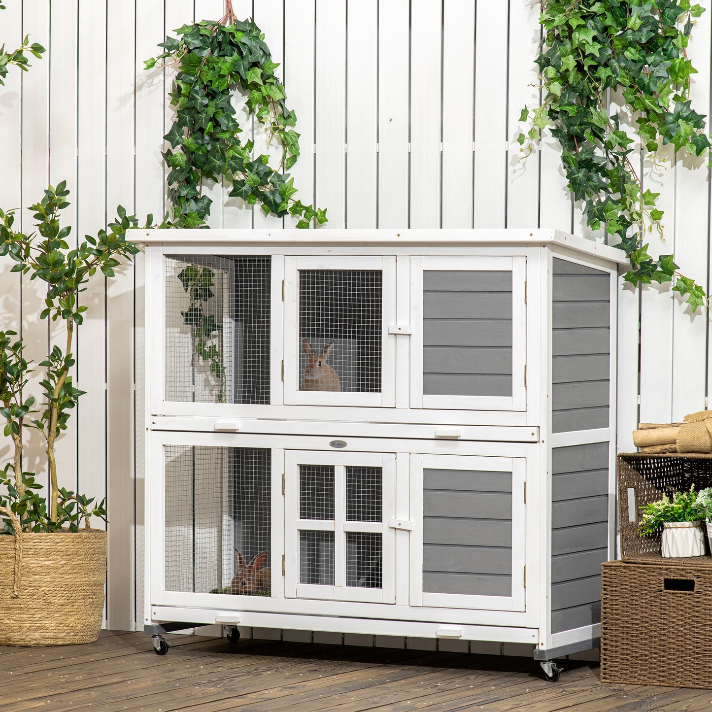 Wooden Rabbit Hutch, Two-Tier Guinea Pig Cage, with Removable Tray, Wheels