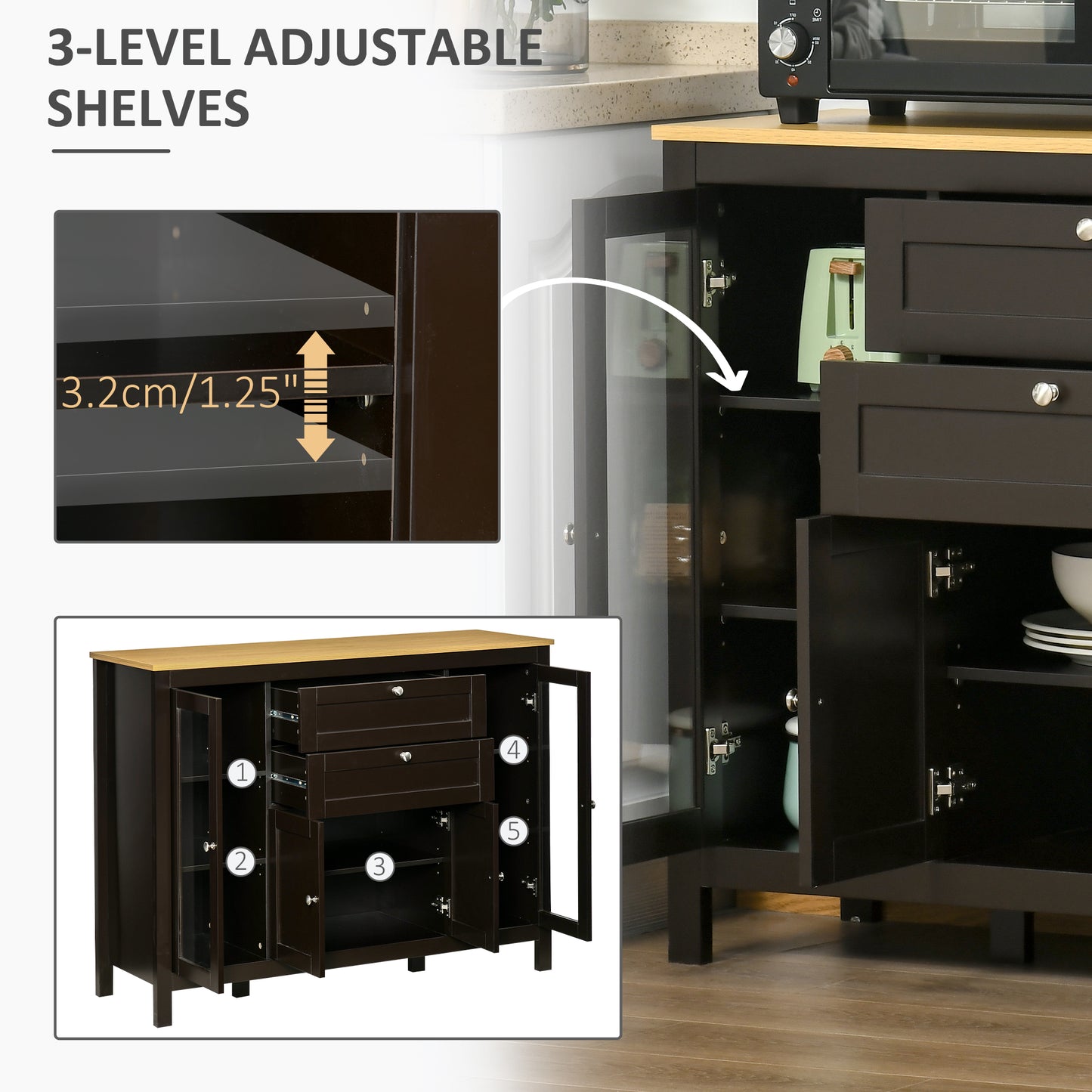 Modern Storage Cabinet, Sideboard with Oak Top, 4 Doors, 2 Drawers and 5 Adjustable Shelves, Black Brown