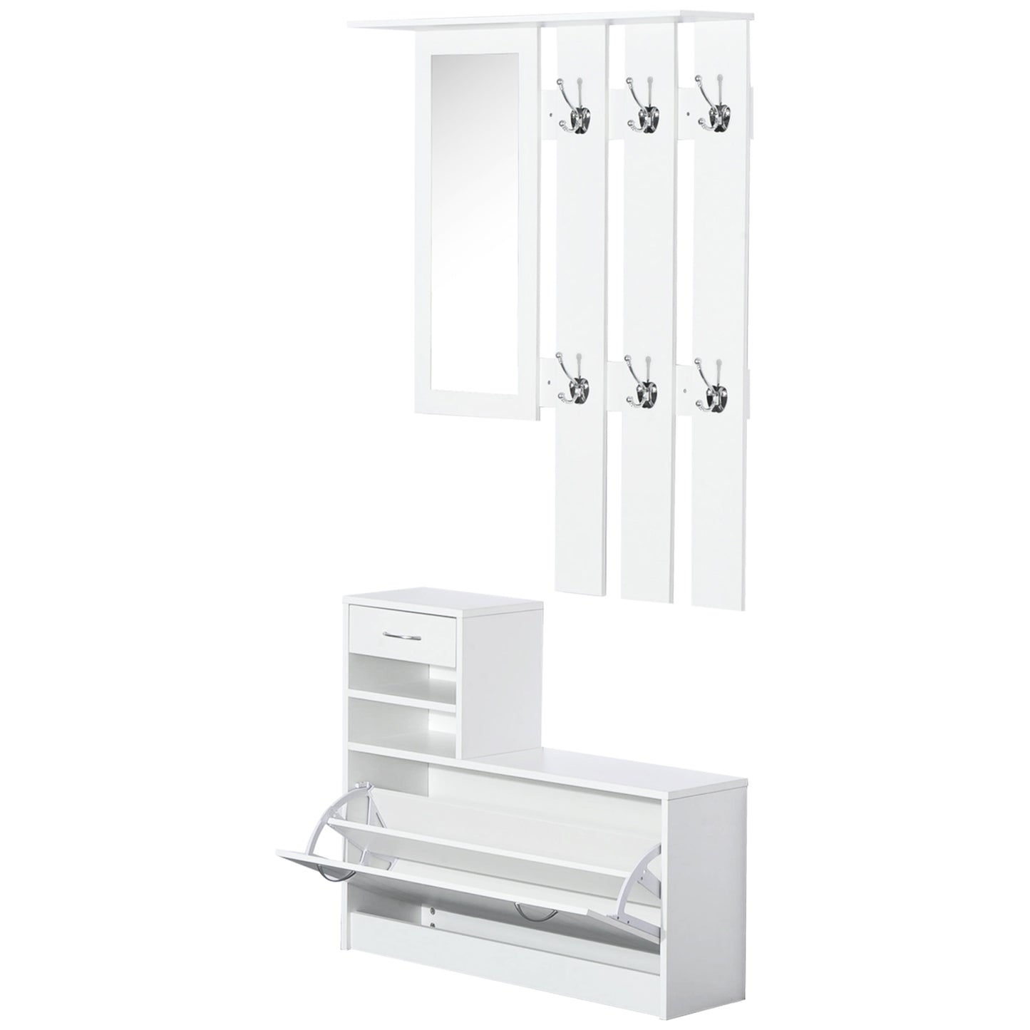 2PC Shoes Storage Chest Cloths Rack Unit w/Mirror Multiple Shelves Large Storage Capacity Shoes Cabinet 6 Hooks Cloth Rack Wh