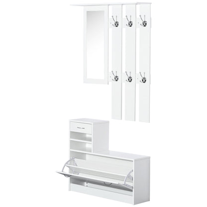 2PC Shoes Storage Chest Cloths Rack Unit w/Mirror Multiple Shelves Large Storage Capacity Shoes Cabinet 6 Hooks Cloth Rack Wh
