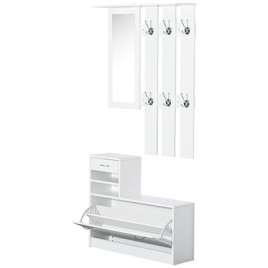 2PC Shoes Storage Chest Cloths Rack Unit w/Mirror Multiple Shelves Large Storage Capacity Shoes Cabinet 6 Hooks Cloth Rack Wh