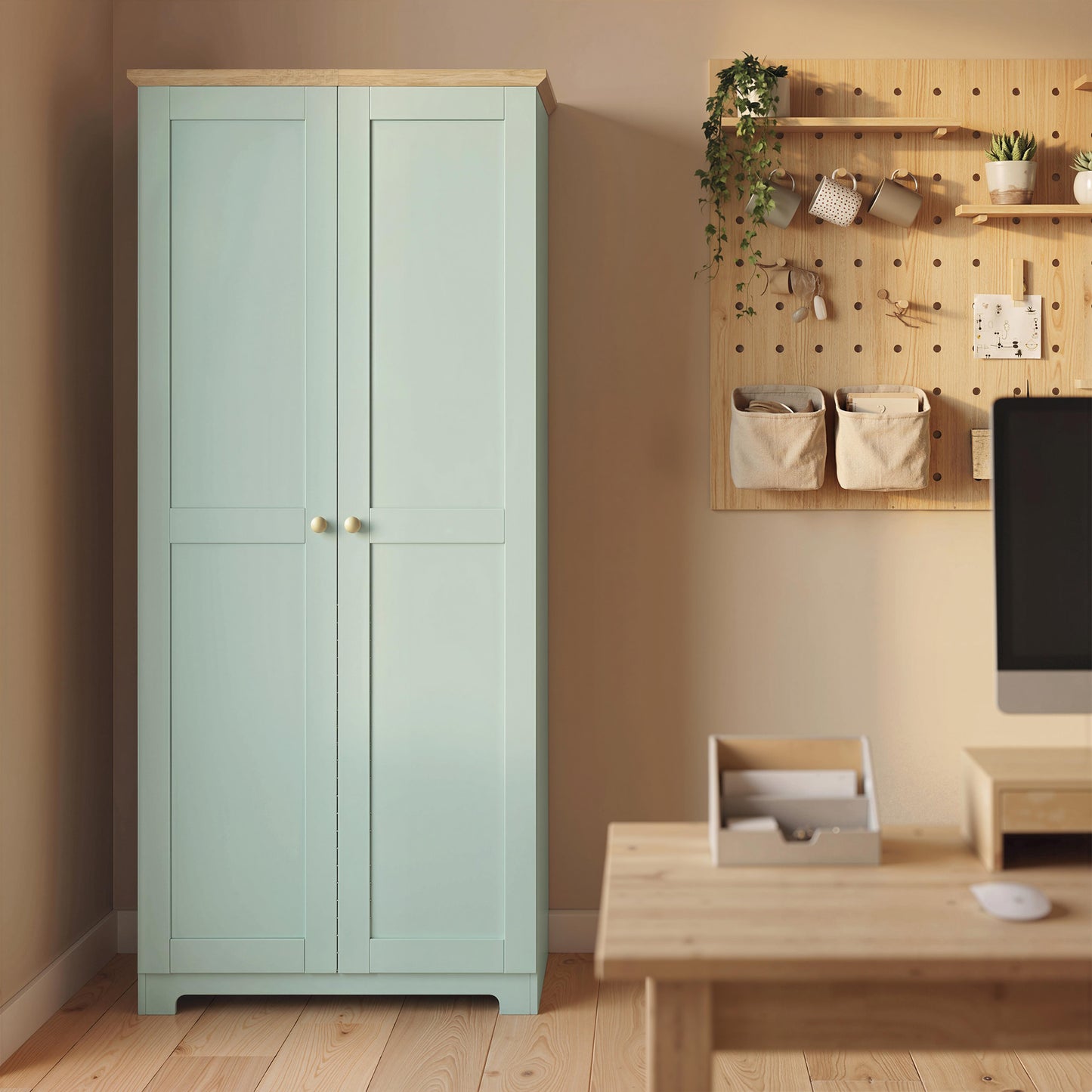 Kitchen Cupboard, 172cm Freestanding Storage Cabinet with Doors and Shelves, Light Green