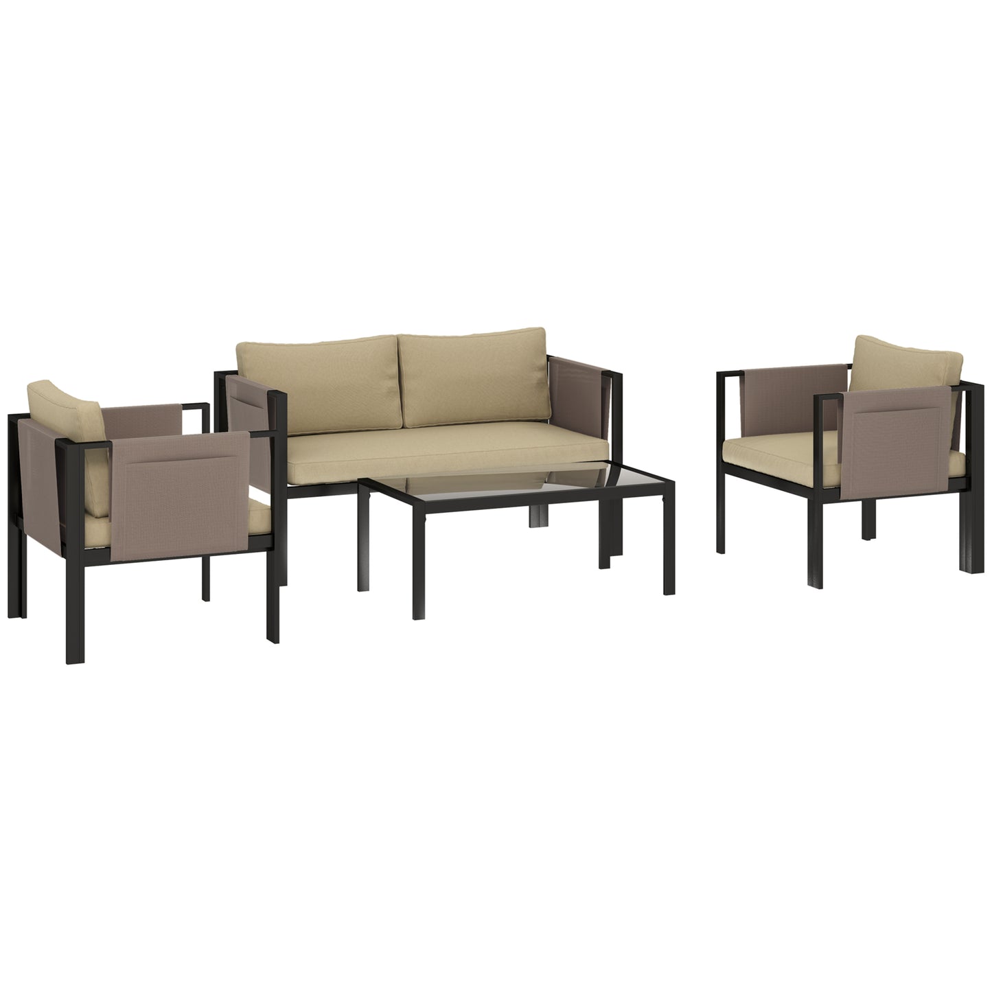 4 Piece Metal Garden Furniture Set with Tempered Glass Coffee Table, Texteline Pocket