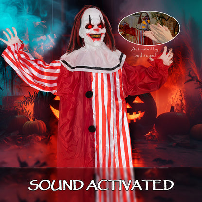 165 cm Life Size Halloween Animated Clown with Red Light Up Eyes, Sound Activated Moving Body