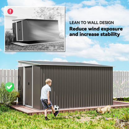11.3 x 9.2ft Lean to Metal Garden Shed, Waterproof Outdoor Tool & Bike Storage Shed Galvanised with Lockable Double Sliding D