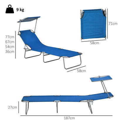 Folding Sun Lounger Set of 2 with Canopy, Reclining Sunbed with 4-Position Adjustable Backrest, 600D Oxford Cloth