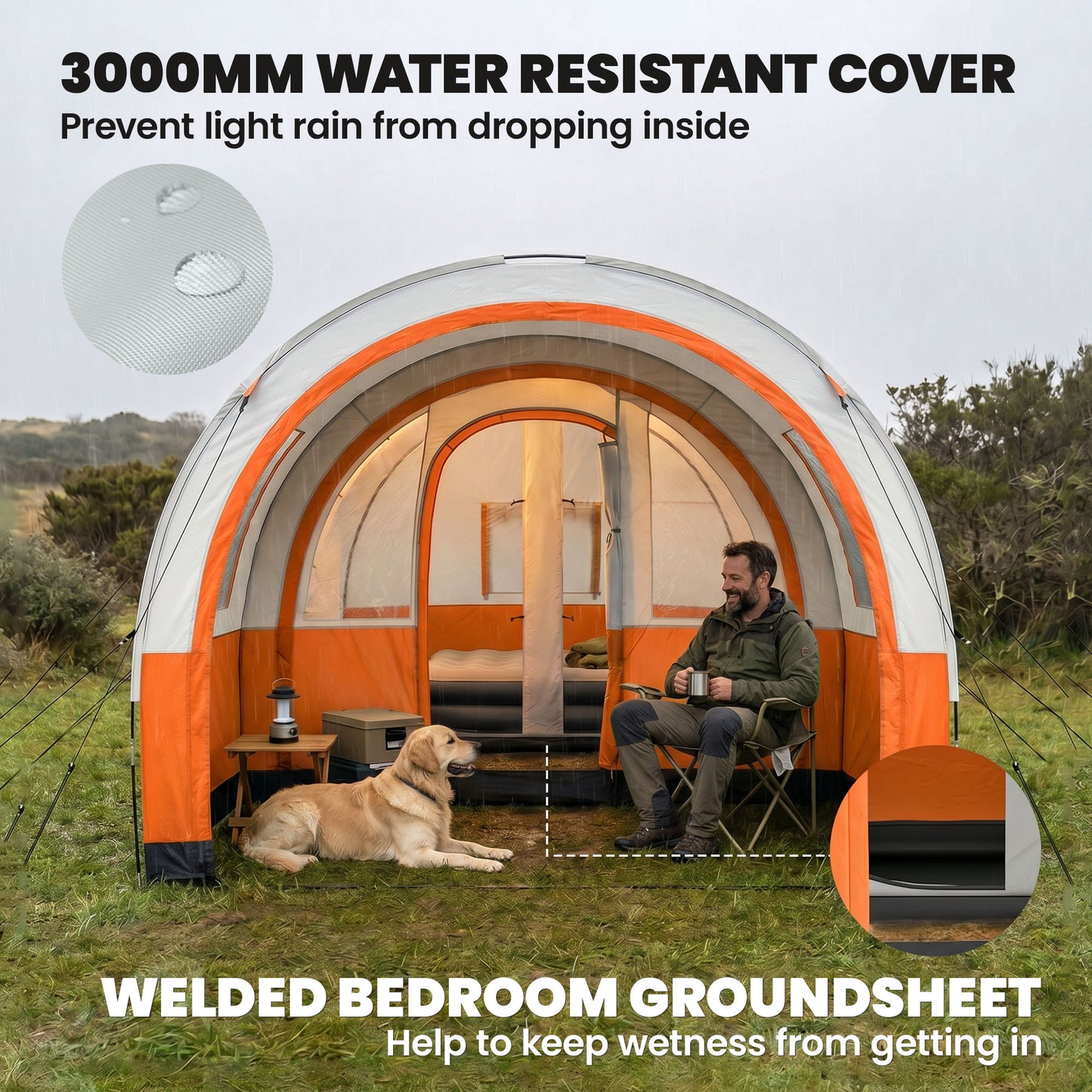 Three Man Duo Room Tunnel Tent, with Accessories - Cream/Orange