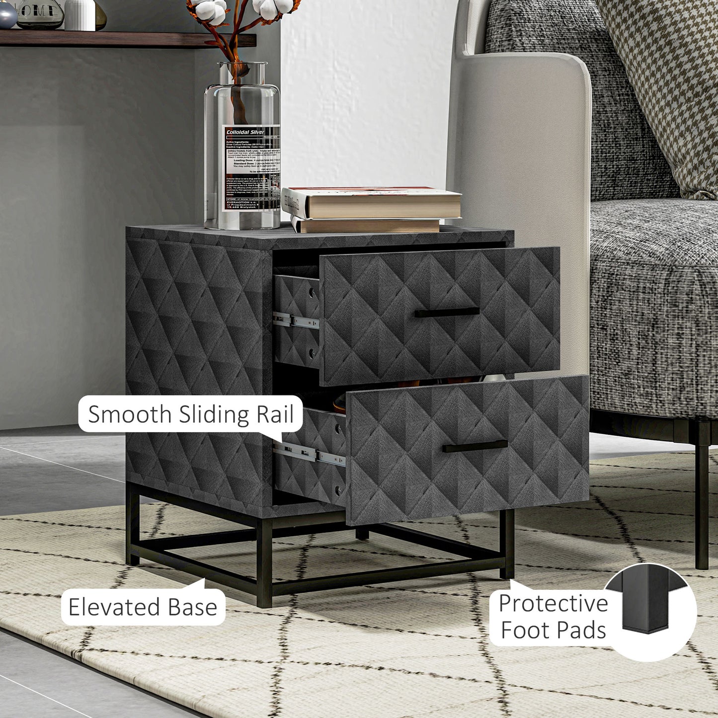 Bedside Tables Set of 2, Modern Bedside Table Nightstand with 2 Drawers, Bedside Cabinet Sofa Side Table with Storage