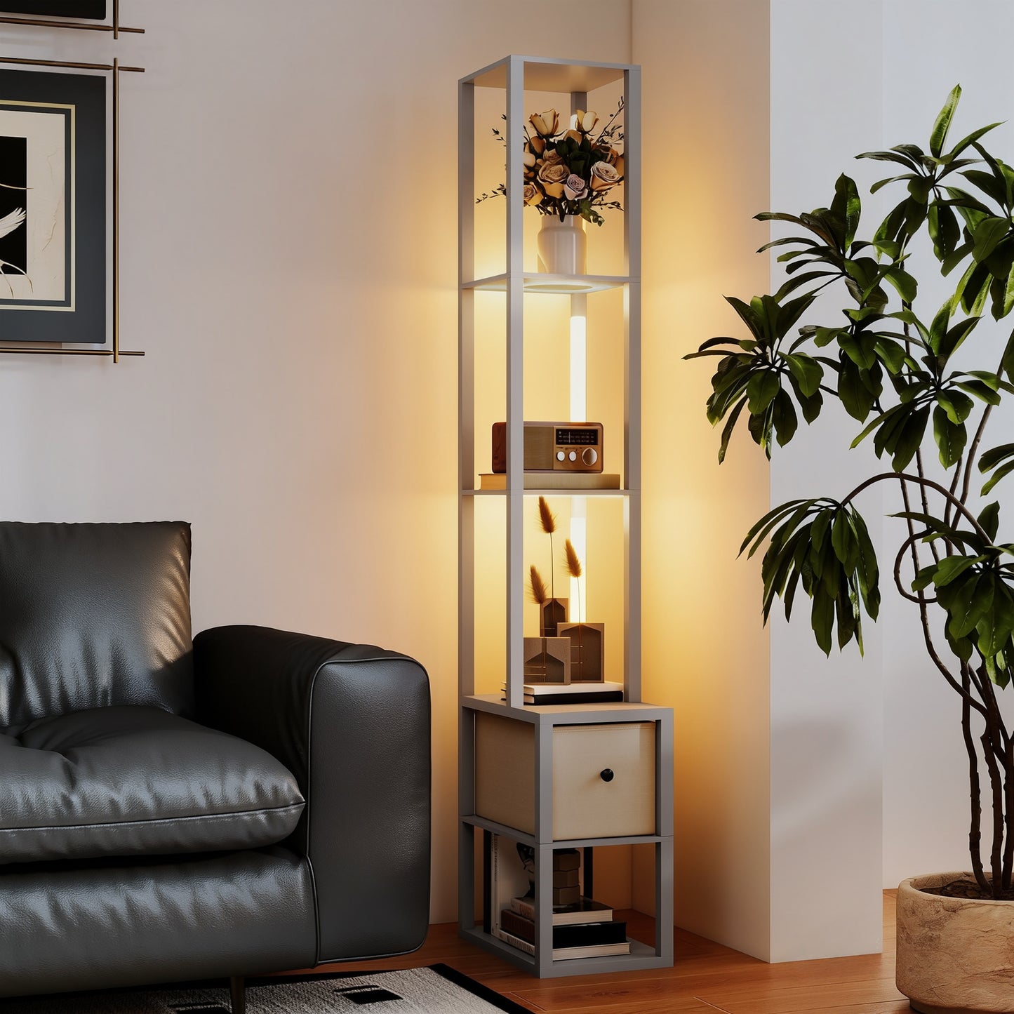 Floor Lamp with Shelves, LED Column Modern Standing Lamp with Fabric Drawer, Adjustable Brightness