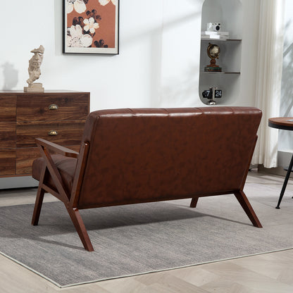 Compact 2 Seater Sofa, Vintage Tufted Loveseat Sofa with Solid Wood Legs, PU Leather Small Couch Settee for Living Room