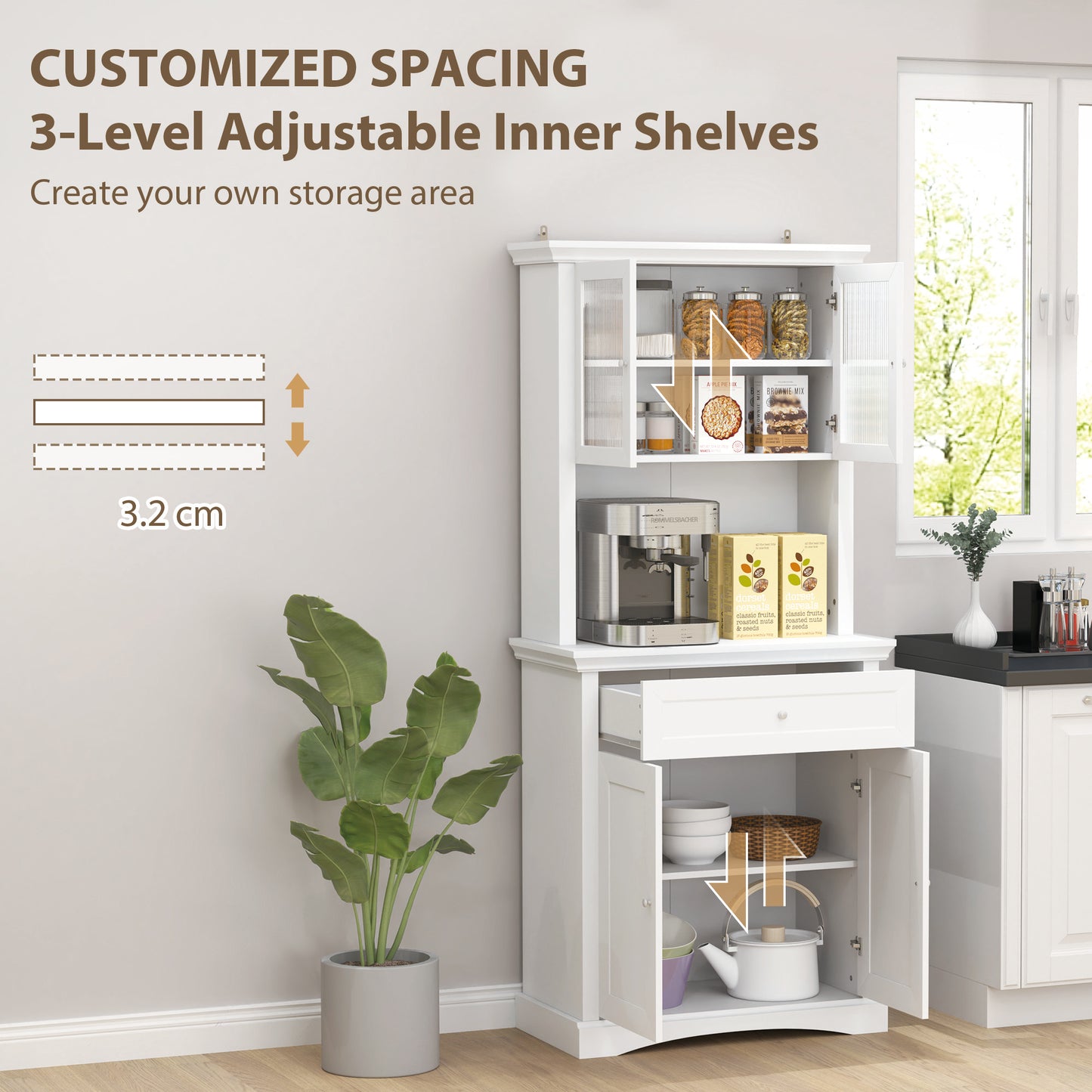 4-Door Kitchen Cupboard with Drawer, Freestanding Kitchen Cabinet with Glass Doors, Adjustable Shelves and Open Counter