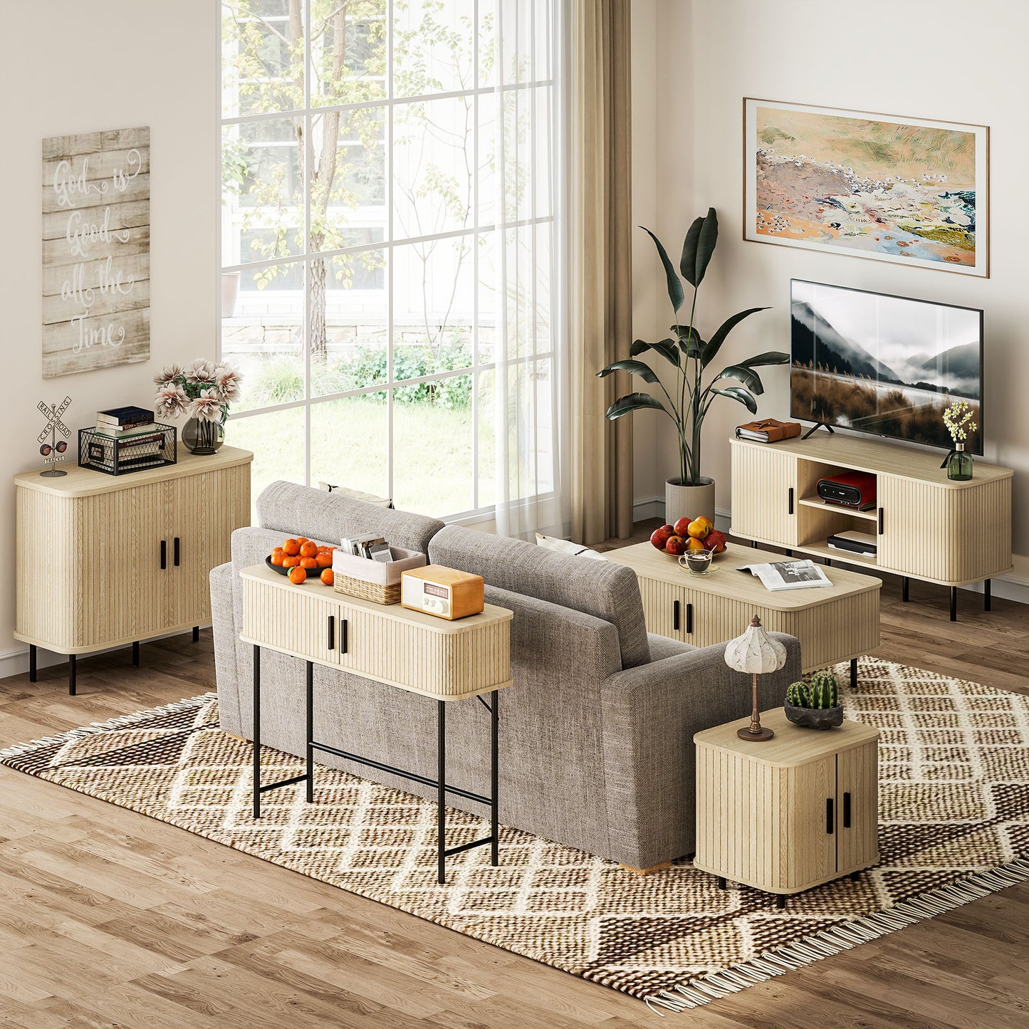 Mid-Century Modern Sideboard Storage Cabinet with Slatted Tambour Sliding Doors, Kitchen Cabinet with Steel Legs, Oak Tone