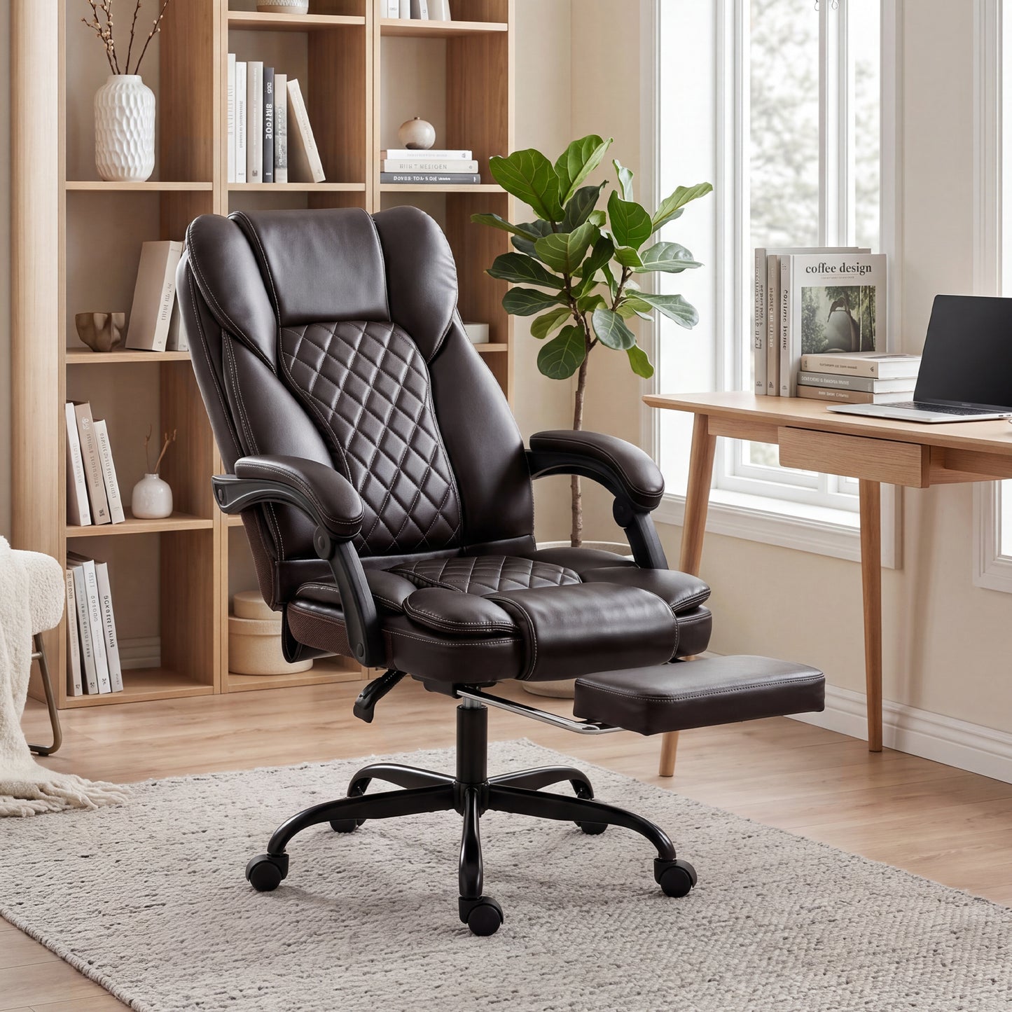Executive Home Office Chair Reclining Function Footrest Computer Desk Chair High Back, Brown