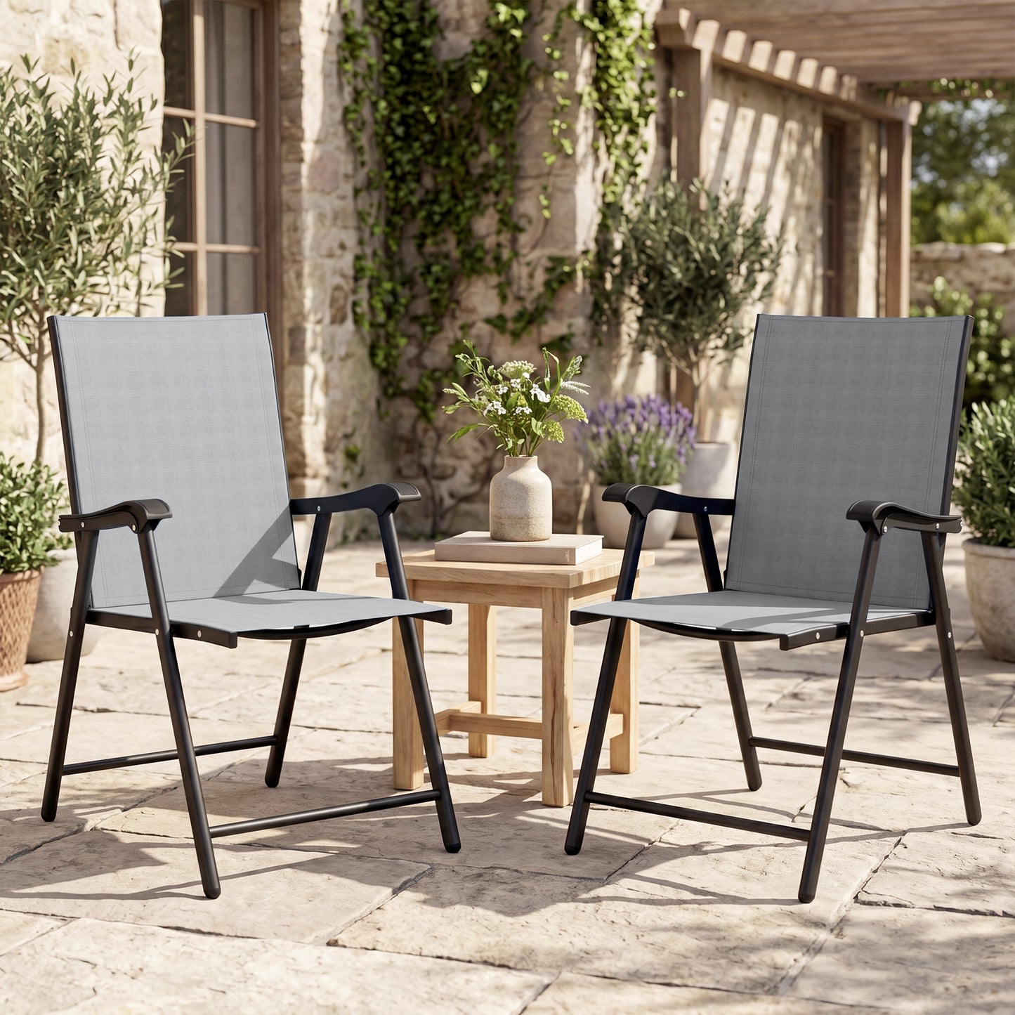 Folding Garden Chairs Set of 2, Foldable Garden Dining Chairs with High Back, Armrests, Texteline Seat, Light Grey