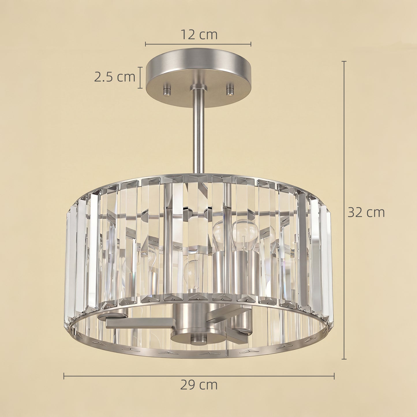 Semi Flush Mount Modern Crystal Chandelier Ceiling Light, Crystal Ceiling Light Fixture with E14 Base, Silver Tone