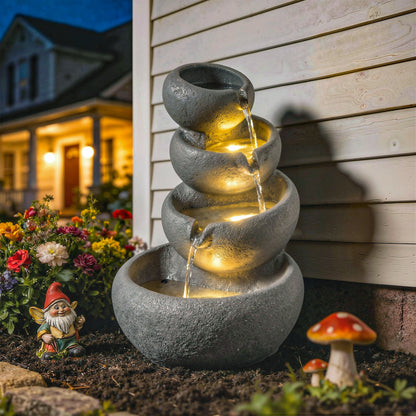 4-Tier Water Fountain Outdoor, Garden Water Feature with LED Lights and Pump, Freestanding Resin Waterfall for Patio