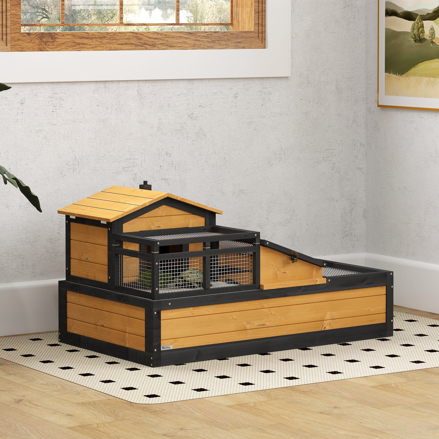 Wooden Tortoise House with Balcony, Tray, Roof, for Indoor and Outdoor, Yellow