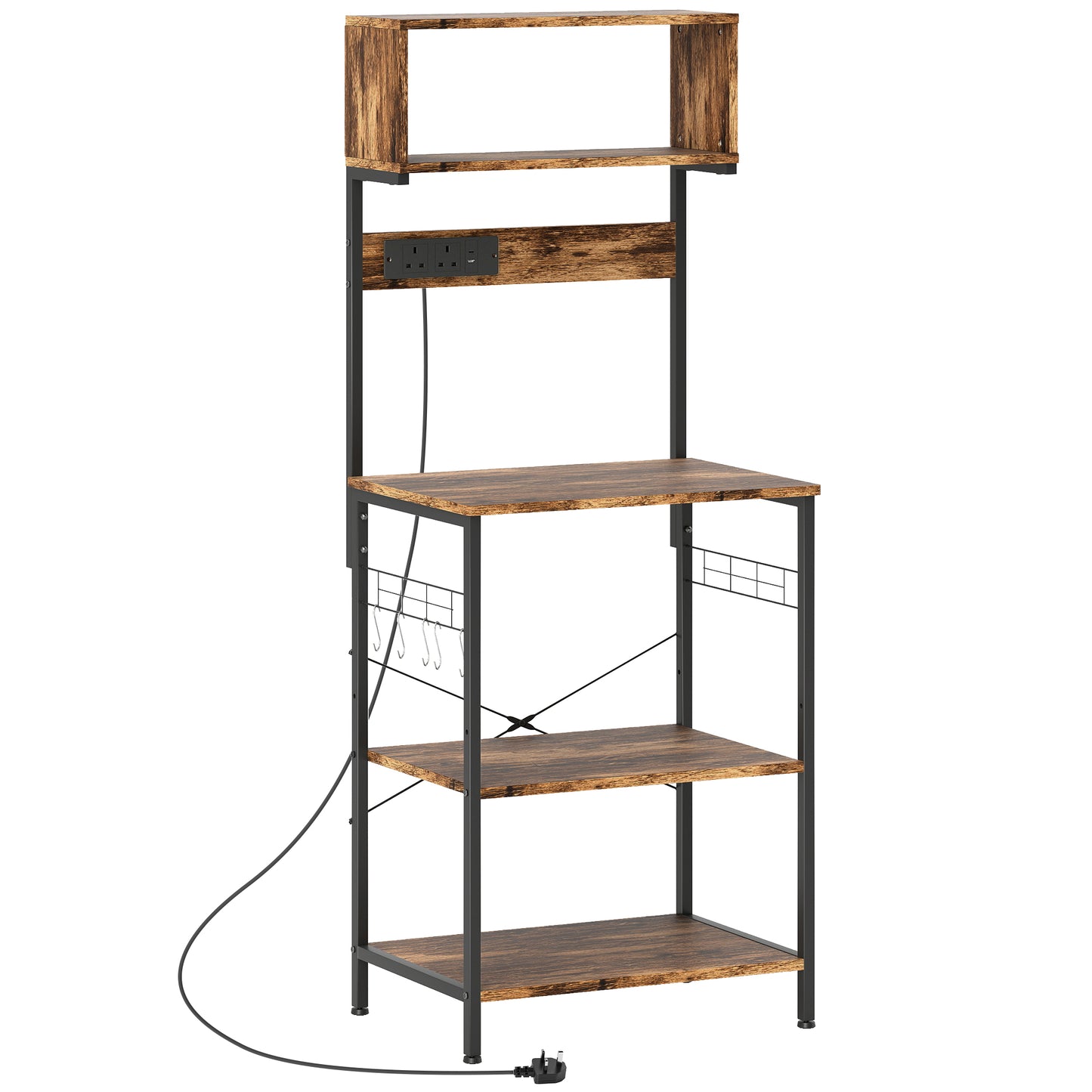Kitchen Storage Rack, Bakers Rack with Power Outlet, USB Charger, Rustic Brown