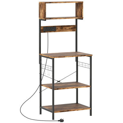 Kitchen Storage Rack, Bakers Rack with Power Outlet, USB Charger, Rustic Brown