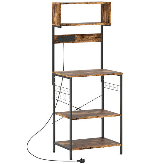 Kitchen Storage Rack, Bakers Rack with Power Outlet, USB Charger, Rustic Brown