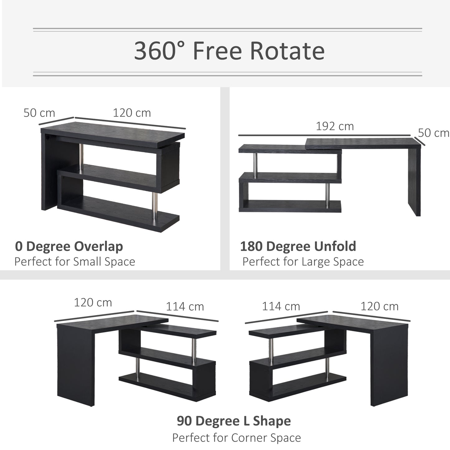 L Shaped Desk with 360° Rotating Storage Shelves, Corner Computer Desk, Space Saving Study Table for Home Office, Black