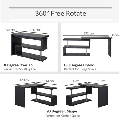 L Shaped Desk with 360° Rotating Storage Shelves, Corner Computer Desk, Space Saving Study Table for Home Office, Black